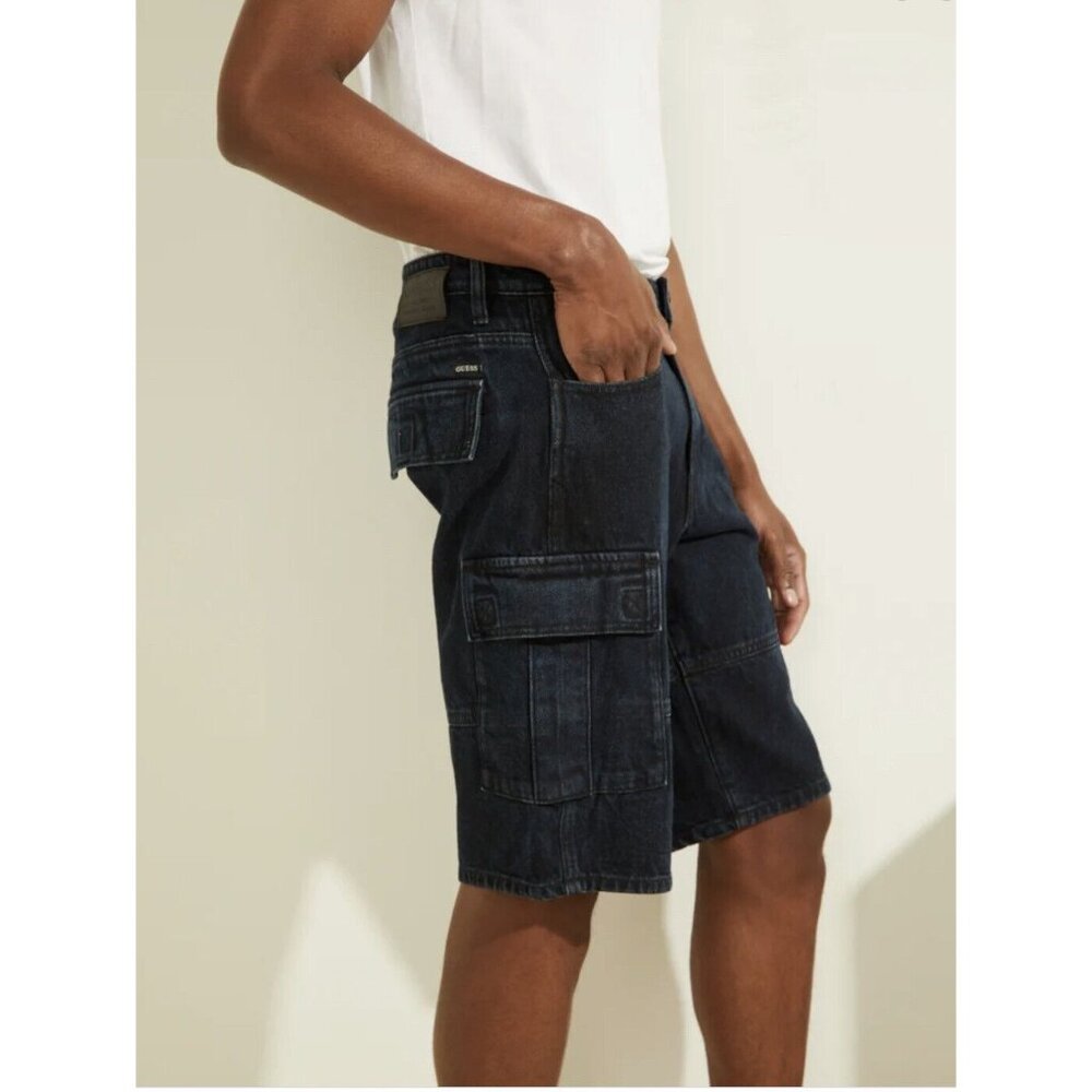 Guess Men's Denim Short Carpenter Fit Cargo Pockets Indigo Blue Size 30